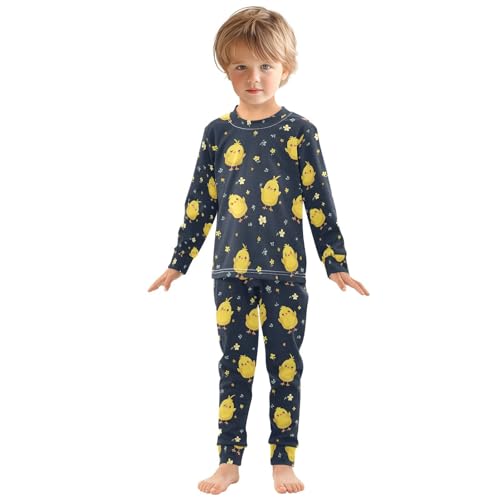 ALAZA Cute Cartoon Chicken Flower Blue Pajamas Long Sleeve Sleepwear 2-Piece Pajama Set3