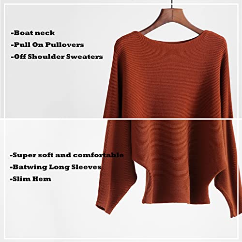 Image of Blostirno Women's Boat Neck Batwing Sleeves Dolman Ribbed Knitted Sweaters Pullovers Tops