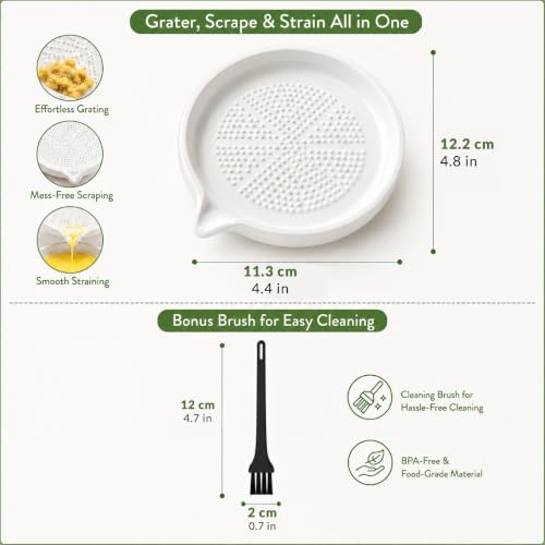 Image of Homeze Premium Ceramic Garlic Grater Plate with Cleaning Brush | Easy Clean Ginger Grinder & Garlic Crusher for Kitchen | Non-Slip Durable Grating Dish