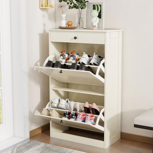 FTZxHKLX Shoe Cabinet with 2 Flip Drawers, Slim Freestanding Hidden Shoe Organizer with Drawer, Pet-Proof Shoe Storage Cabinet for Entryway Living Room Behind The Door, Light Oak