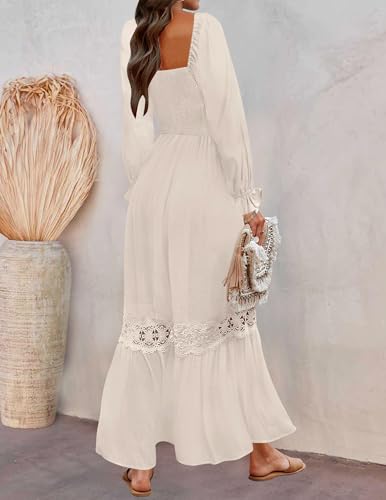 ZESICA Women's 2025 Boho Long Sleeve Square Neck Smocked High Waist Flowy A Line Lace Trim Maxi Dress4