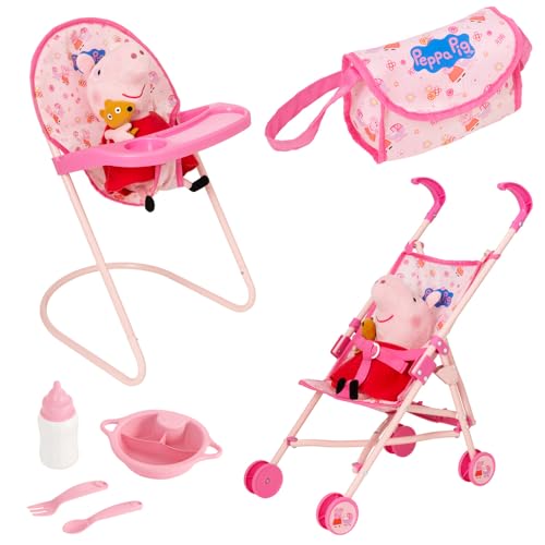 Peppa Pig Puppen-Kinderzimmer Set Pink | 7-teiliges Spielset mit Buggy,...