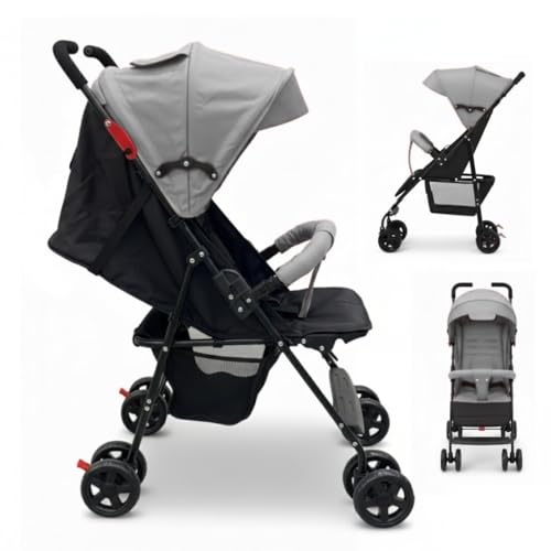 Image of OBABY Stroller with Reclining Seat, Adjustable Canopy, Safety Harness, Smooth Wheels, Compact Folding Design (Small-LightGrey)