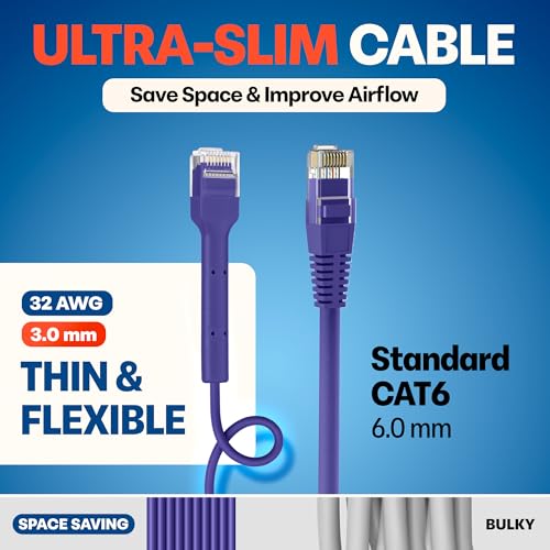 Image of Everest Ultra Slim Cat6a Ethernet Patch Cables 1.5ft (24-Pack) Purple | Bendable, Thin and Flexible