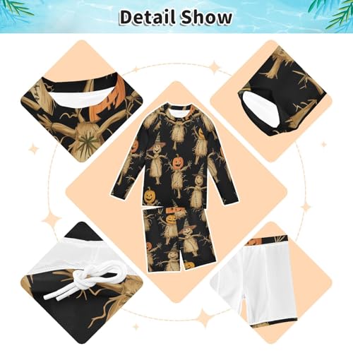Scarecrow and Pumpkin Boys Swimsuit Rash Guard Toddler Kids Long Sleeve Swim Shirt and Trunks Swimwear Set 3-10Y3