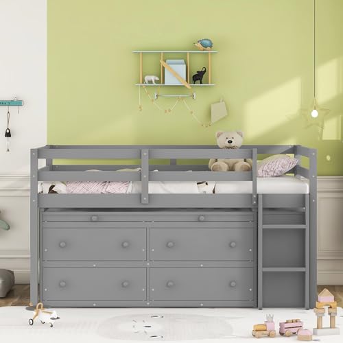Kids Twin Low Loft Bed with Storage, Twin Size Loft Bed with Portable Desk and 4 Drawers, Wood Twin Loft Bed with Shelves, Modern Farmhouse Junior Loft Bed for Kids Boys Girls, Gray