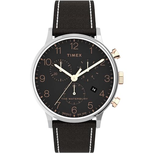 Image of TIMEX Waterbury Classic Analog Watch for man with Black Round Dial & Brown Leather Strap Band Water Resistant Men's Wrist Watches - TW2T71500UJ