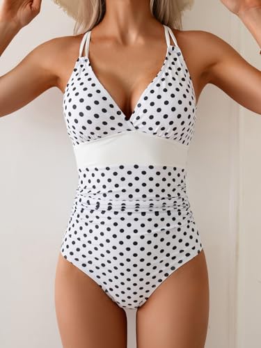 Image of Aidonger Women's One Piece Color Block Swimsuit Tummy Control Slimming Bathing Suit V Neck Cutout High Waisted Swimwear