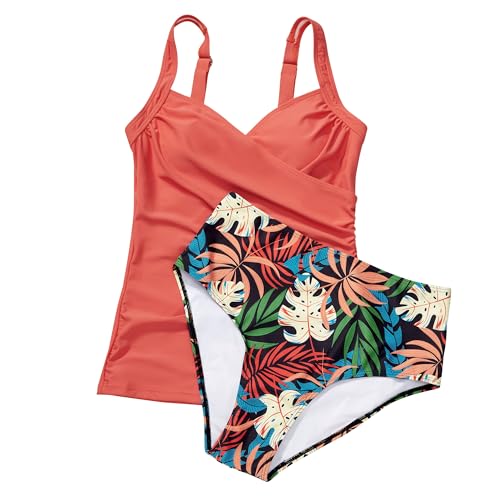 MOOSLOVER Women Twist V Neck Tankini Swimsuits High Wasited Two Piece Bathing Suits Swimwear(M,Coral Pink Leaf) - Image 5