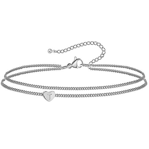 WIGERLON Heart Initial Ankle Bracelets for Women, 15K Gold Plated Dainty Layered Anklet Letter Ankle Bracelets for Girl Sliver T