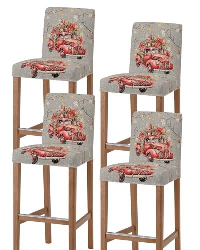 PIEPLE Xmas Red Truck Bar Stool Cover Set of 4, Stretch Removable Bar Stool Chair Covers with Backs Pub Counter Stool Chair Slipcover for Dining Room Cafe Christmas Balls Tree Branch Floral