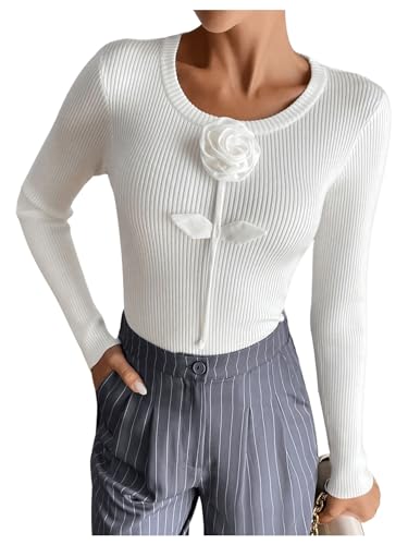 Verdusa Women's 3D Floral Slim Fitted Sweaters Long Sleeve Round Neck Pullover Knit Top