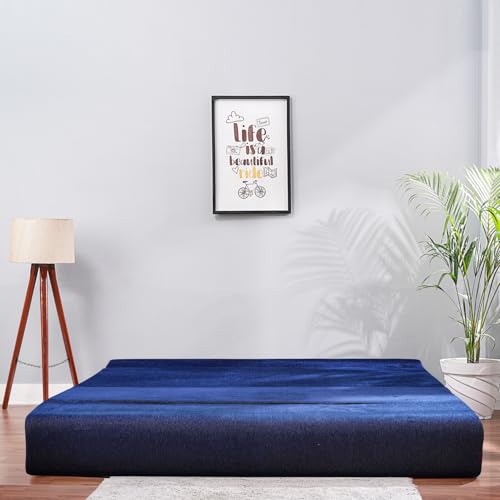 Image of Convertible Fabric Sofa Cum Bed | Foldable Double Foam & Washable Cover with Cushions | Modern Design Use Living Room & Guest Room (Moshi-Blue-Multi-Square, 6X6 Ft)