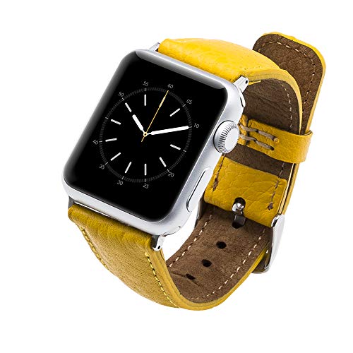 Crazy Deals Venito Tuscany Leather Watch Band Compatible with Apple Watch 42mm 44mm - Watch Strap Designed for iwatch Series 1 2 3 4 5 6 7 SE (Yellow w/Silver Connector & Clasp)