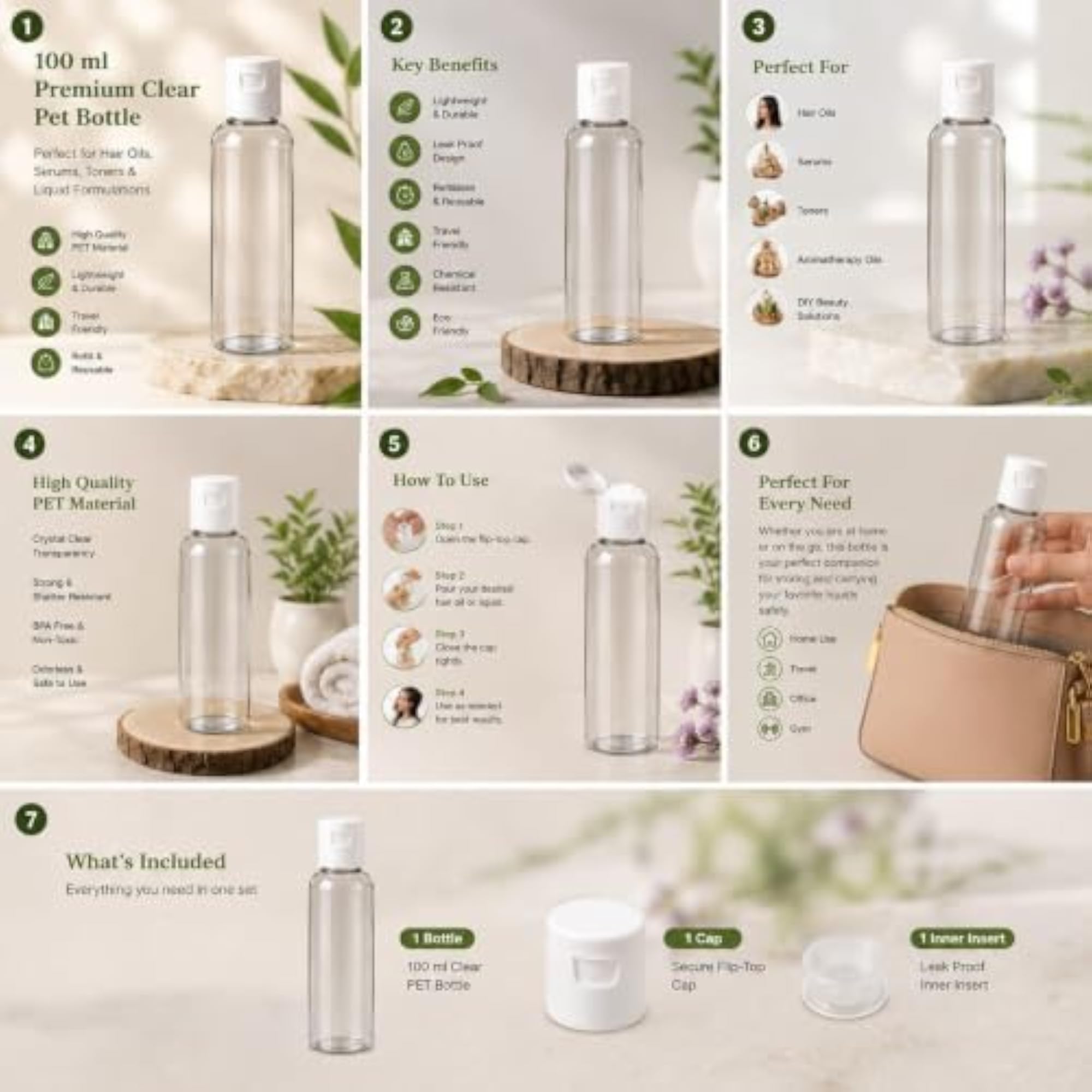 3 Pcs Empty Refillable Bottles with Cap, 60ml