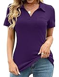 Business Casual Tops for Women,Short Sleeve No Button Polo Shirts Collared Work Blouses Loose Tunics Purple M