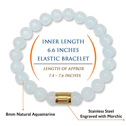 Morchic Aquamarine Quartz Crystal Gem Semi Precious Stretch Bracelet For Women Men Unisex, Real Natural Blue Gemstone 8Mm Beads, Classic Simple Design Cuff Birthday Gift Birthstone 7.5 Inch #TOP2