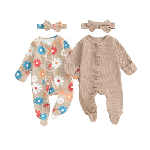 Image of Baby Girl Footies Newborn Zipper Sleeper 2 Pack Ruffle Pajamas Romper Coming Home Outfit