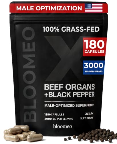 Bloomeo Beef Organ Supplement for Men | 100% Grass Fed Beef Liver Capsules with Bull Testicle Prostate Bone Marrow & More X: Ancestral Superfoods for Vital Energy Immunity & Mens Health 180 ct