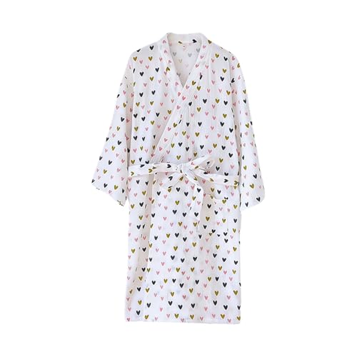 Eauptffy Kimono suave para mujer como albornoz con estampado de corazones decorativo, bata mullida, túnica ligera, ropa de salón, camisón de verano, cómodo, transpirable, O blanco., M