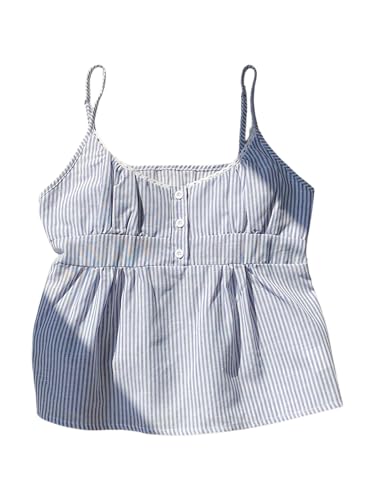 Women's Striped Button Front Flared Camisole Tops Shirred Spaghetti Strap Tank Top