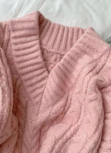 Image of Women's Y2K Oversized Chunky Cable Knit Sweater Casual Long Sleeves V Neck Pullover Tops