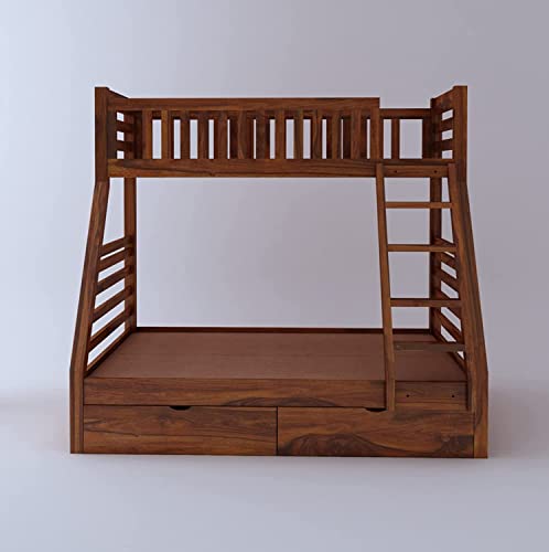 Image of APRODZ Wonderland Queen Size Solid Wood Bunk Bed | Wooden Twin Over Bed with Ladder for Kids' Room Bedroom Living Room Home (Teak)