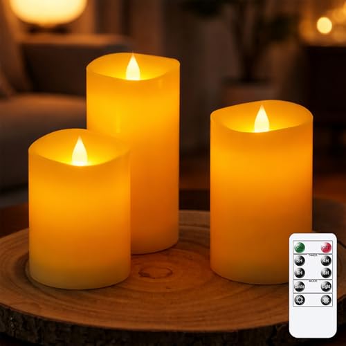 Bryxidor Echtwachs flackernder Dochtbewegung Timerfunktion LED- Kerzen Fernbedienung Flammenlos 3er-Pack Elektrisch Batteriebetrieben Elfenbein 7 5 cm x 10 12 5 15 cm