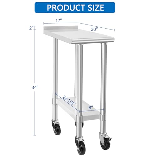 Image of HARDURA Stainless Steel Commercial Work Table with Wheels Prep & Work Metal Table 30x12 Inches Heavy Duty NSF with Casters and 2 inch Backsplash