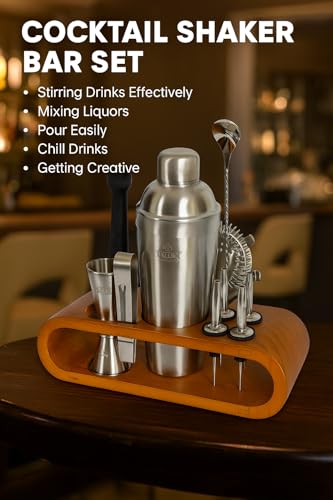 Image of Taluka Cocktail Shaker Set Bartender Kit Bar Set with Stand with All Essential Accessory Tools Cocktail Shaker Jigger /PegMeasure Strainer Muddler Long Mixer Spoon Ice Tong Opener Liquor Pourers