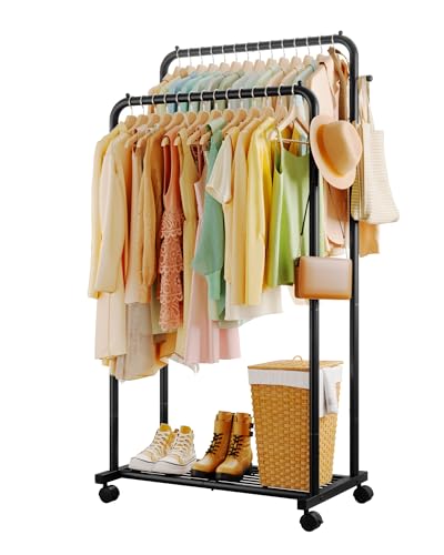 Sakugi Clothes Rack - Double Rods Clothing Rack with Mesh Shelf, Hooks & Wheels, Metal Clothing Racks for Hanging Clothes & Bags, Multifunctional Garment Rack for Laundry, Black, 28.7' x 16.5' x 59.1'