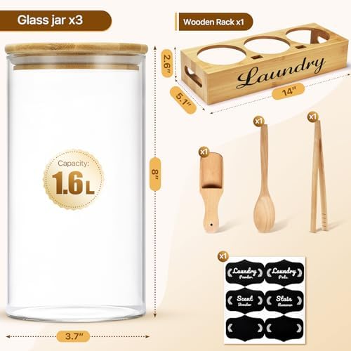 GADFISH Laundry Pods Container for Detergent, Powder, Scent Booster, Stain Remover - 3 Pack With Wooden Tray, Spoon, Tong, Scoop for Room Organization