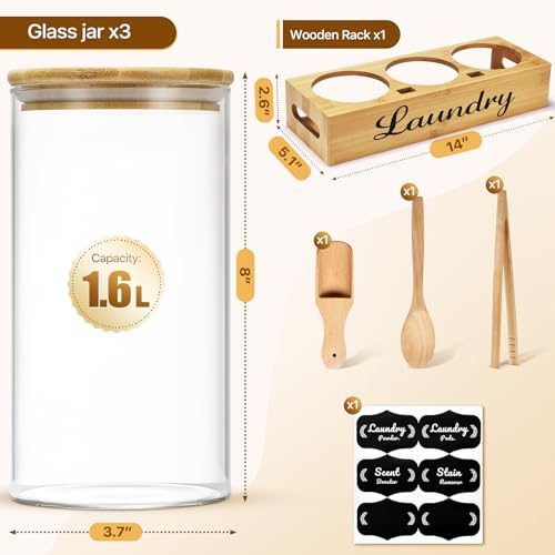 GADFISH Laundry Pods Container for Detergent, Powder, Scent Booster, Stain Remover - 3 Pack With Wooden Tray, Spoon, Tong, Scoop for Room Organization