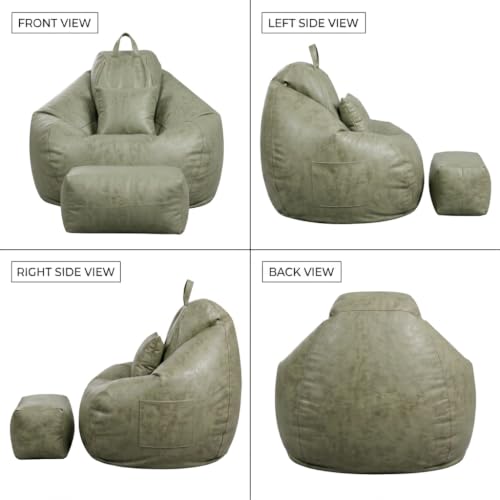 Image of 5XL Suede Bean Bag Chair with Footrest & Cushion | Filled with High Density Polystyrene Beans | Premium Soft Fabric | Teardrop Design with Handle | Ready to Use Color- (GREEN, Bean Bag Set)