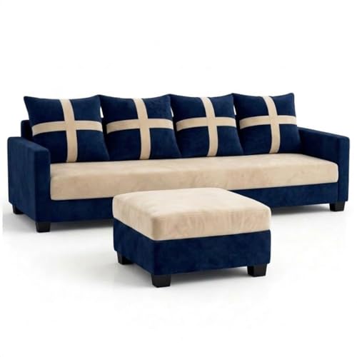 Image of Caviriq 5 Seater L Shape Sofa Set with Movable Ottoman | Flexible Layout | Luxury Velvet Suede Fabric | Modern Living Room Sofa | Dark Blue-Cream