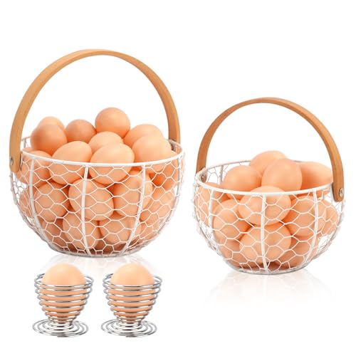 Mulaibdin Lot de 2 corbeilles à œufs en fil métallique avec anse, panier de récolte rond en métal vintage pour fruits, légumes, ferme, cuisine (blanc)