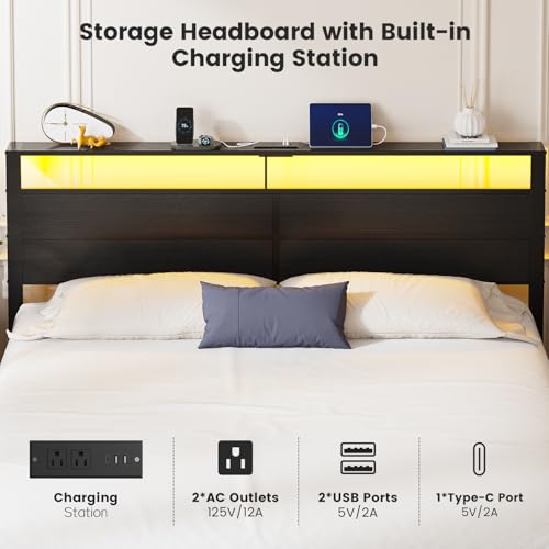 Image of King Size Bed Frame with LED Lights and Charging Station | Black Metal Platform Bed with Wood StorageHeadboard, Sturdy Slats, No Box Spring Needed, Noise Free, Easy Assembly
