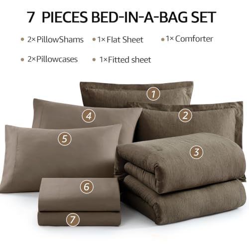 Image of Monbix Queen Comforter Set, Taupe Grey Cationic Dyeing Bedding Set Reversible, Bed in a Bag 7 Pieces with Comforter, Sheets, Pillowcases & Shams