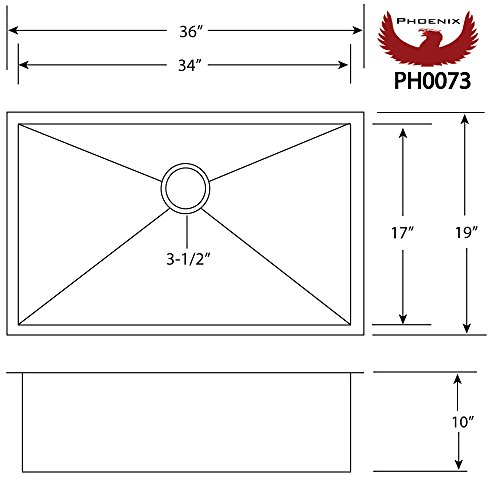Phoenix 36" Undermount 16 Gauge Stainless Steel Square Kitchen Sink Zero Radius