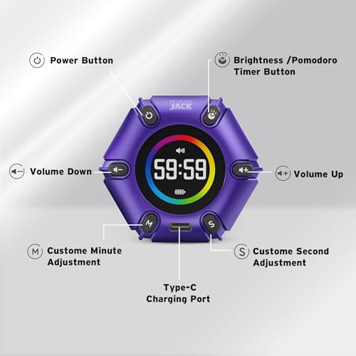 Image of Printers Jack, Productivity Cube Timer, Visual Pomodoro Timer, Mute & Vibration & Adjustable Sound Alert, ADHD, for Office, Study, Work, 3 /5 /10 /25 /30 /60min & Custom Countdown - Purple