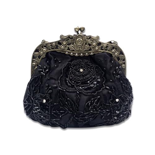 Imagen de CORIOS Vintage 1920s Cuentas Bolsa de Noche Clutch con Floral para Mujer Embrague de Lentejuelas Bolso de Boda Bolsos de Fiesta Elegante Bolso de Hombro para Fiesta de Graduación Banquete Negro