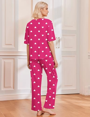 Image of Ekouaer 2 Pack Womens Pajamas Sets Short Sleeve Long Pants Pjs Lounge Set
