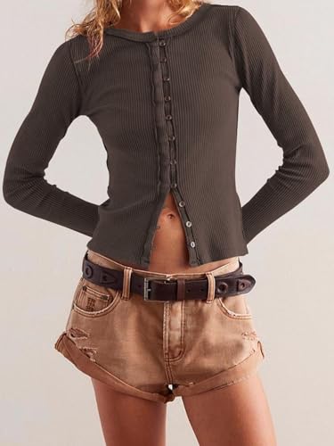 Womens Slim Fitted Cardigan Long Sleeve Y2K Ribbed Tops Button Down Shirts3