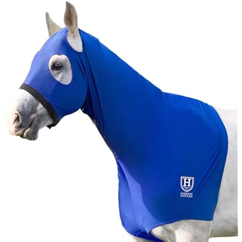 Harrison Howard Horse Stretch Hood Without Ears Snug Fitting Hood with Zip Closure Covers Face, Shoulders, Mane, Chest and Withers Perfect for Show/Event Preparation - Blue Cover
