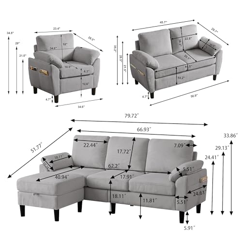 Image of 4 Piece Modern Corduroy Sofa Set, L-Shaped Sectional Couch with Storage Ottoman, Loveseat & Single Arm Chair, Side Storage Pockets, Removable Cushions for Living Room Apartment