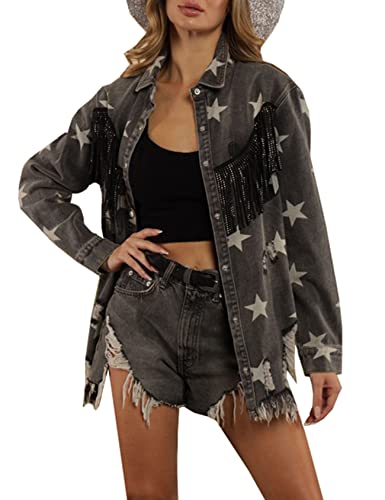 SCOFEEL Women Tassel Jean Shacket Star Print Ripped Denim Jean Jacket Shirt
