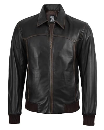 Image of Decrum Men's Bomber Leather Jacket - Vintage Style Real Lambskin Leather Jacket with Rib-Knit Cuffs and Hem