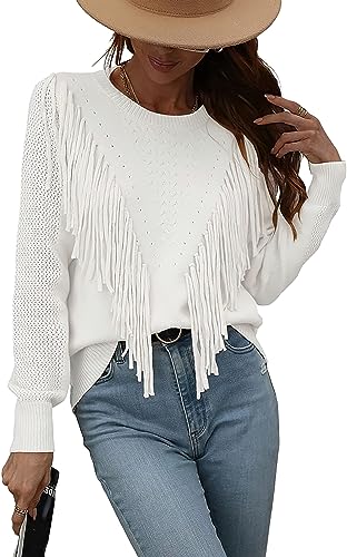 Image of Women's Casual Crewneck Fringe Tassels Crochet Long Sleeve Knitted Fall Sweater Pullover Tops