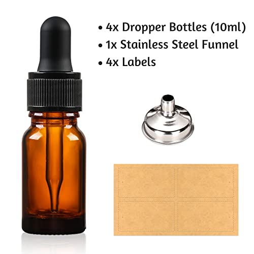 4 x 10ml Amber Brown Glass Bottles with Dropper Pipettes, Come with 1 Stainless Steel Funnel & 4 Lables - Image 2