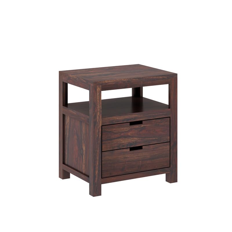 Image of Solid Sheesham Wood Bedside Table with 2 Drawer & 1 Open Shelf Storage for Bedroom, End Table, Side Table for Living Room Home (Walnut Finish)
